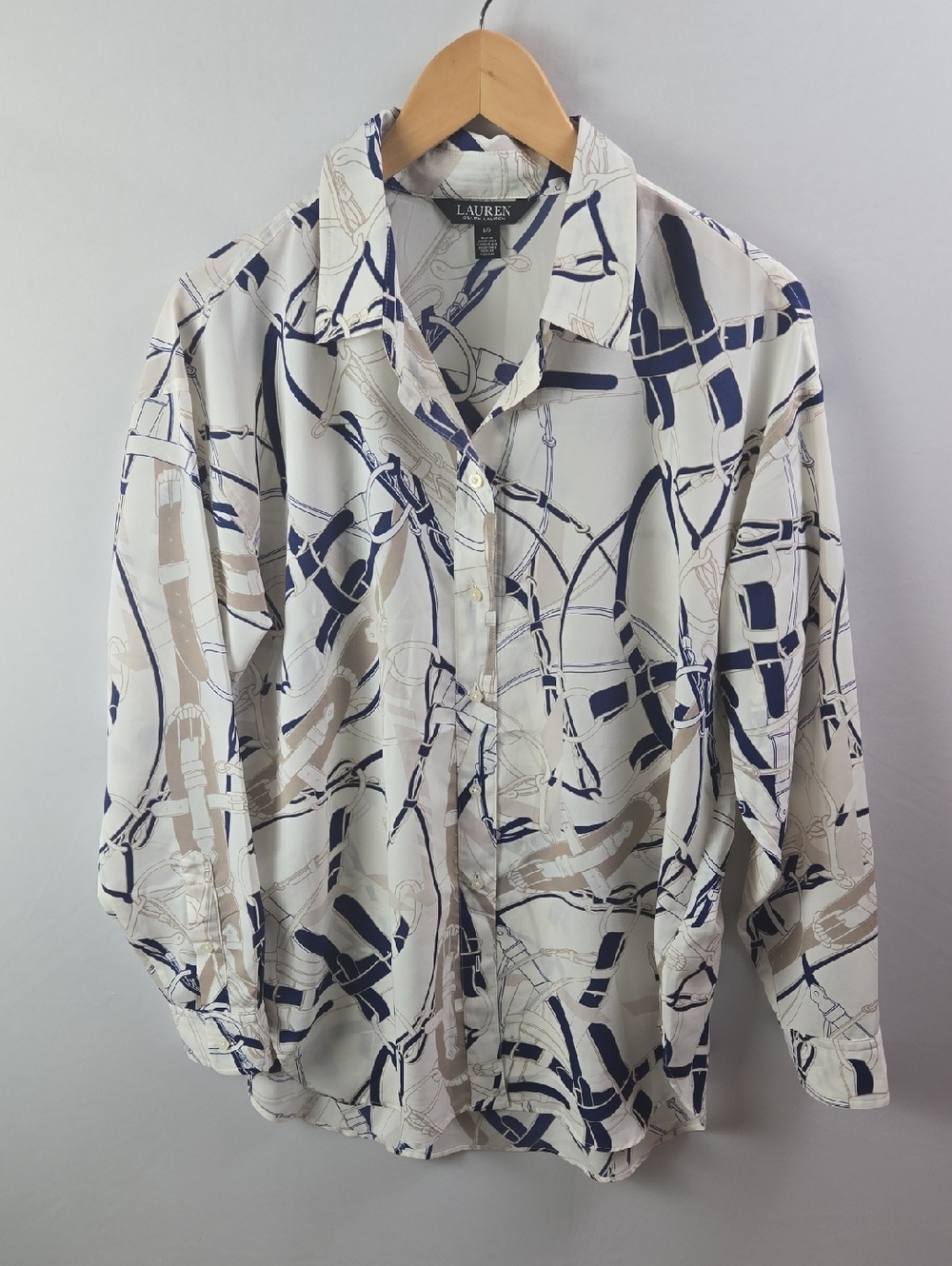 Lauren Ralph Relaxed Fit Belting-Print Crepe Button-Up - White, Navy & Tan Sz L